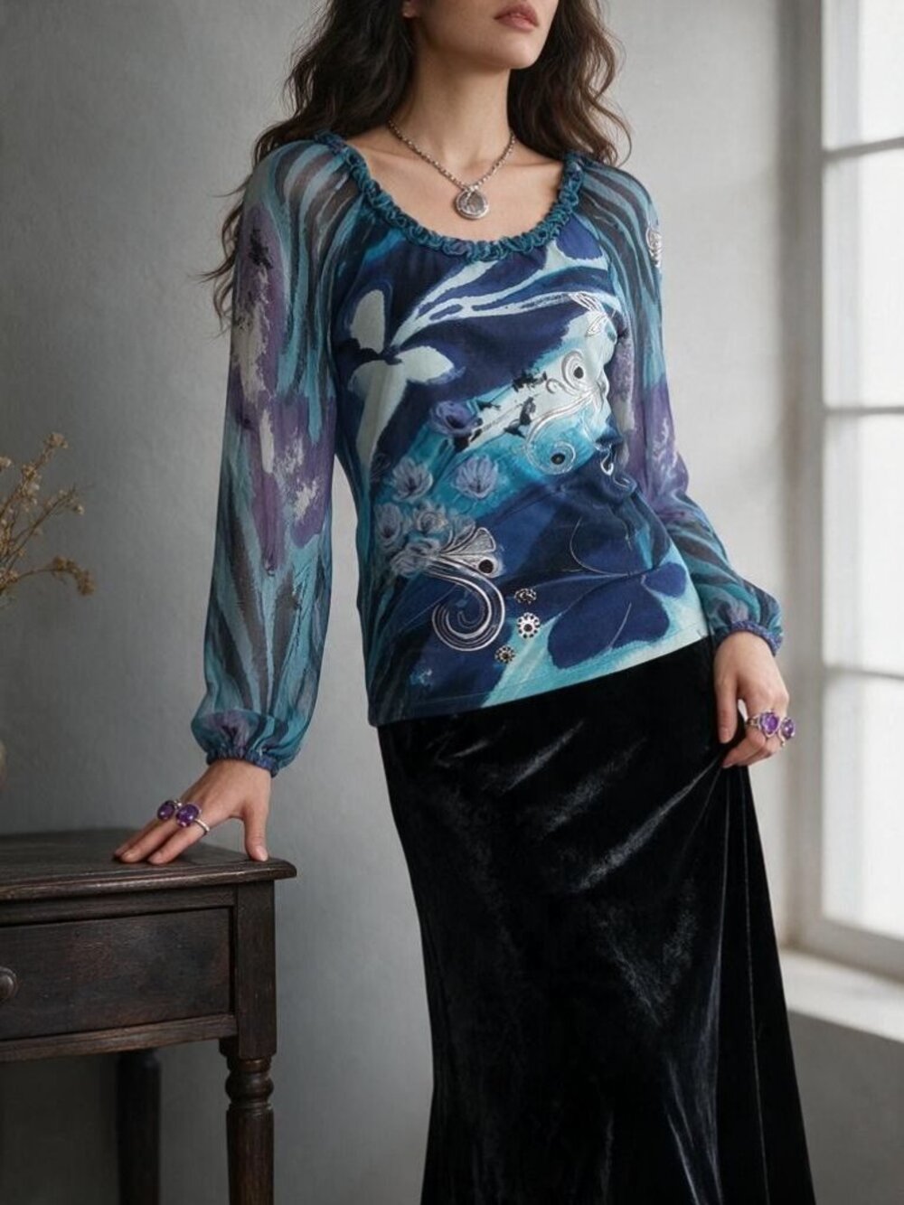 Vintage Forbidden Y2K Sheer Swirl Ruffle Top Size L
